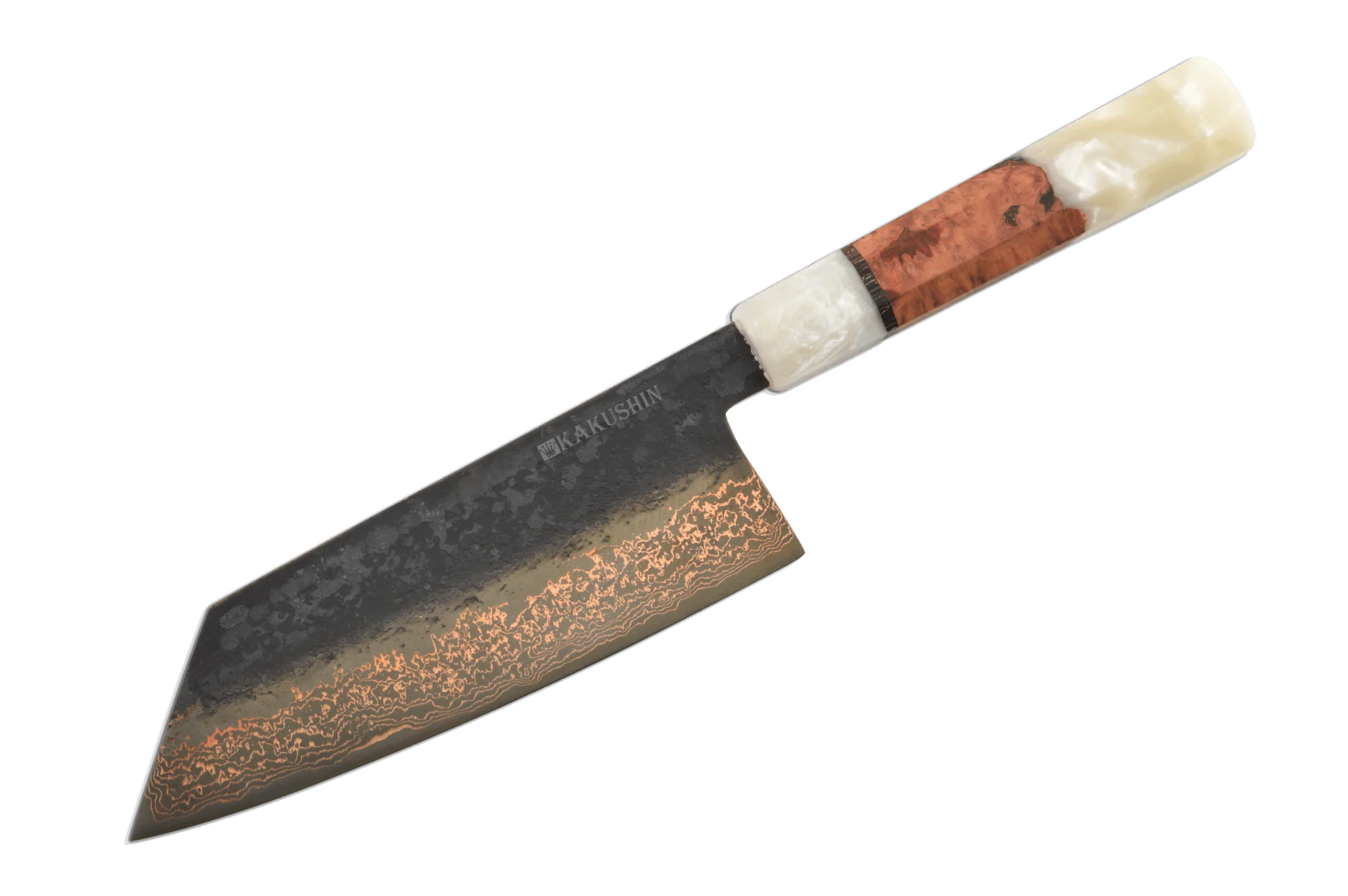 Copper Damascus Kurouchi Bronze Amboyna 52100 Bunka 180mm